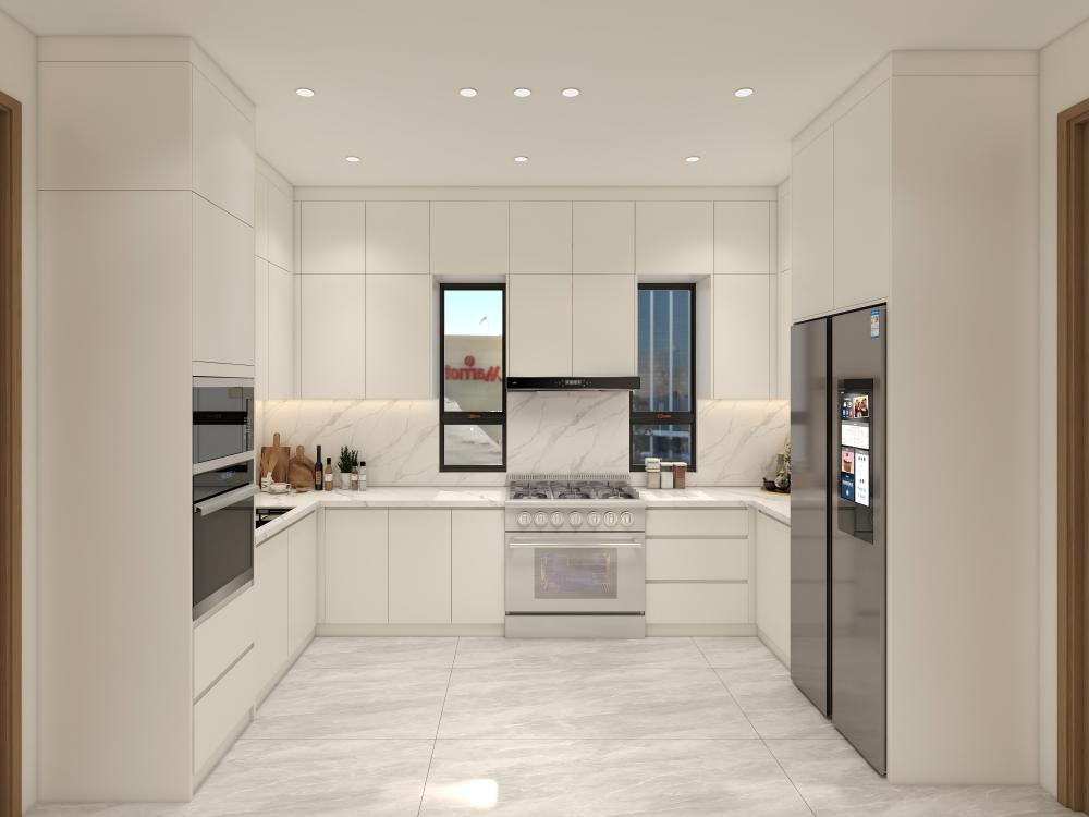 Custom Cream White U Shaped Kitchen Cabinets With Gold Handles Window Sink Corner Cooktop Worktop And Drawer Storage