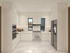 Custom Cream White U Shaped Kitchen Cabinets With Gold Handles Window Sink Corner Cooktop Worktop And Drawer Storage