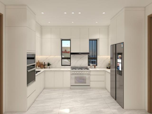 Custom Cream White U Shaped Kitchen Cabinets With Gold Handles Window Sink Corner Cooktop Worktop And Drawer Storage