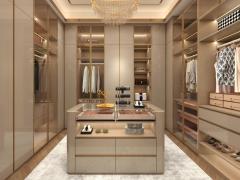 Luxury Custom Walk in Wardrobe Closet Glass Door Unit Wall with Wood Open Design for Bedroom Island Cabinets