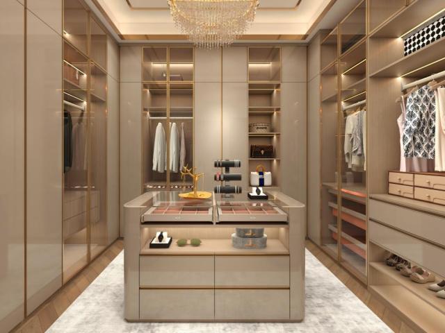 Luxury Custom Walk in Wardrobe Closet Glass Door Unit Wall with Wood Open Design for Bedroom Island Cabinets