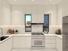 Custom Cream White U Shaped Kitchen Cabinets With Gold Handles Window Sink Corner Cooktop Worktop And Drawer Storage
