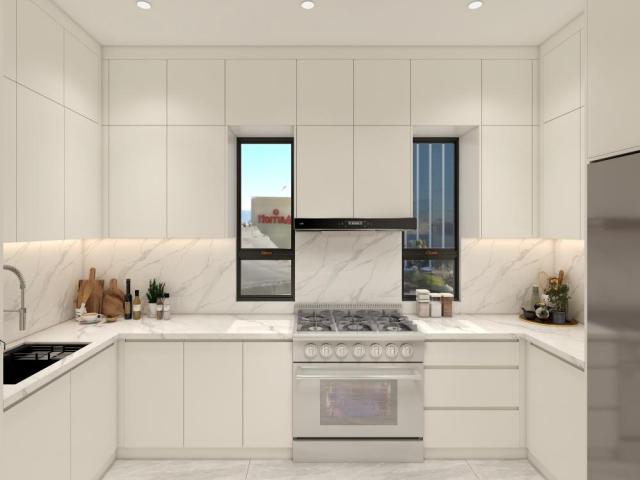 Custom Cream White U Shaped Kitchen Cabinets With Gold Handles Window Sink Corner Cooktop Worktop And Drawer Storage