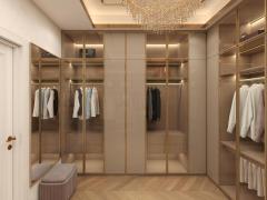 Luxury Custom Walk in Wardrobe Closet Glass Door Unit Wall with Wood Open Design for Bedroom Island Cabinets