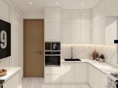 Custom Cream White U Shaped Kitchen Cabinets With Gold Handles Window Sink Corner Cooktop Worktop And Drawer Storage
