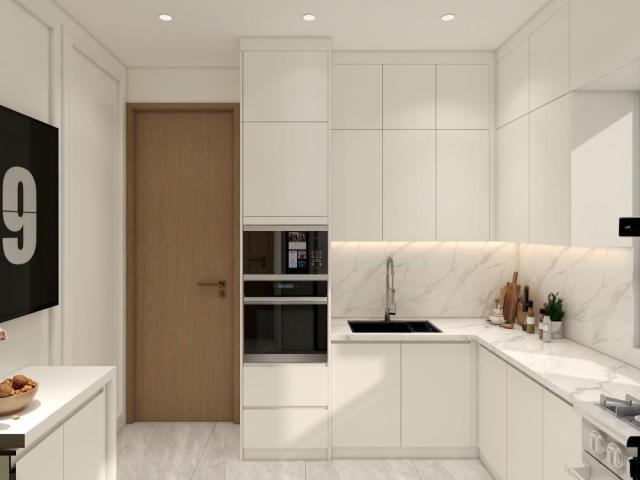 Custom Cream White U Shaped Kitchen Cabinets With Gold Handles Window Sink Corner Cooktop Worktop And Drawer Storage