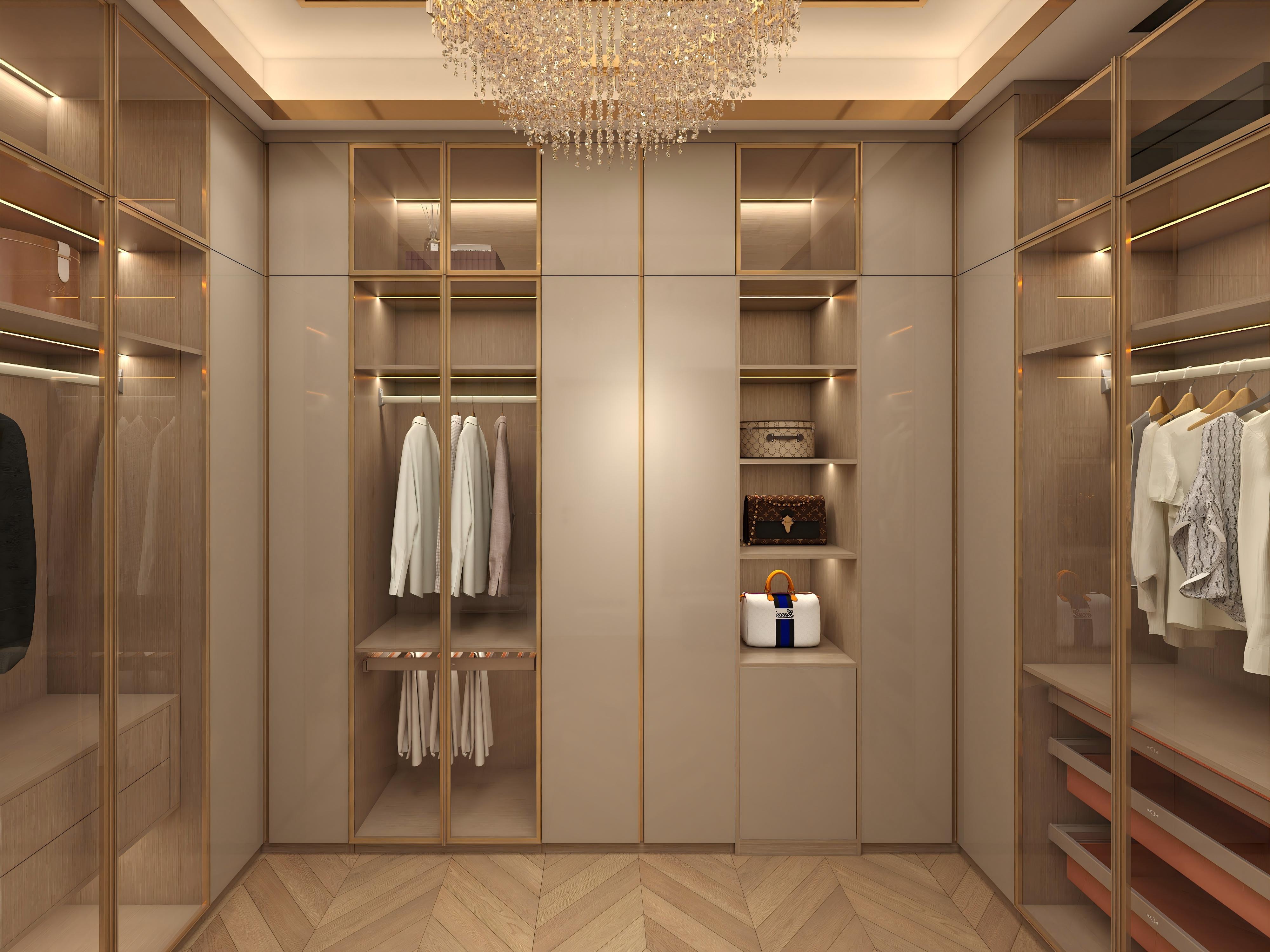 Luxury Custom Walk in Wardrobe Closet Glass Door Unit Wall with Wood Open Design for Bedroom Island Cabinets