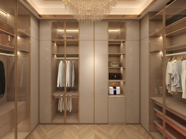 Luxury Custom Walk in Wardrobe Closet Glass Door Unit Wall with Wood Open Design for Bedroom Island Cabinets