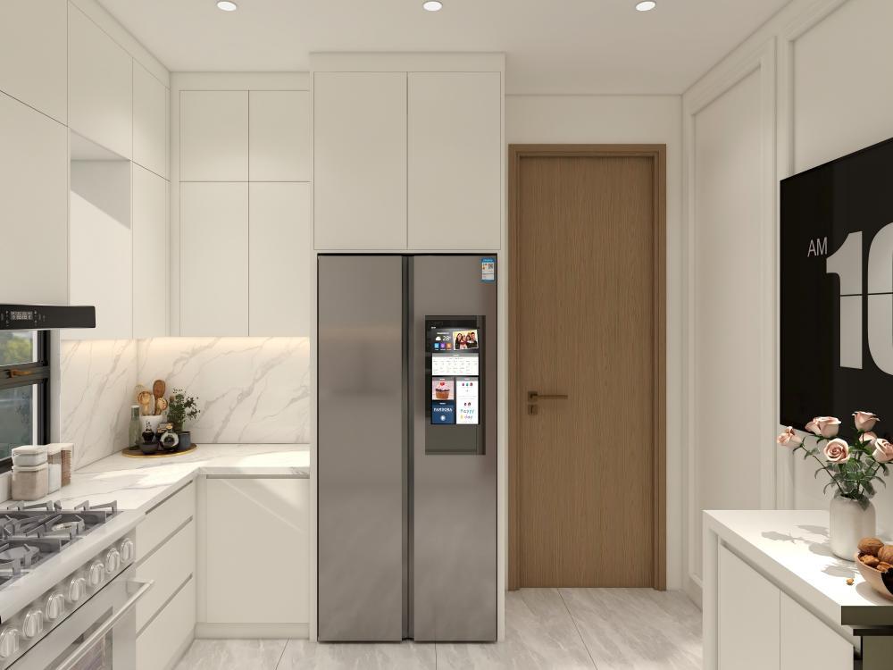 Custom Cream White U Shaped Kitchen Cabinets With Gold Handles Window Sink Corner Cooktop Worktop And Drawer Storage