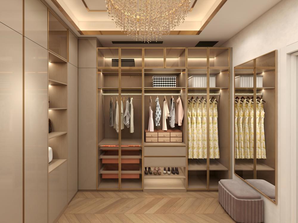 Luxury Custom Walk in Wardrobe Closet Glass Door Unit Wall with Wood Open Design for Bedroom Island Cabinets