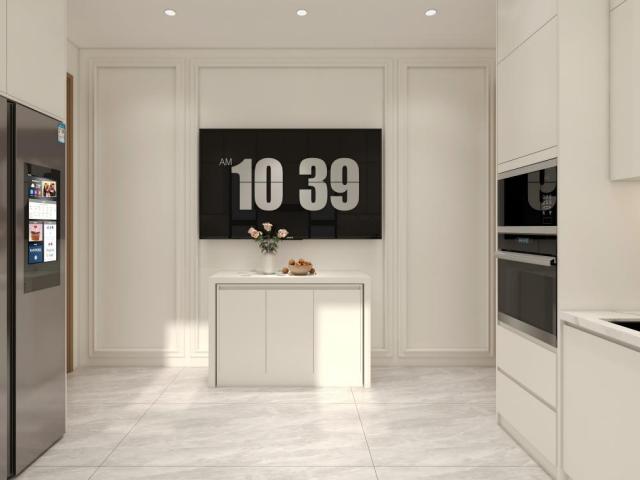 Custom Cream White U Shaped Kitchen Cabinets With Gold Handles Window Sink Corner Cooktop Worktop And Drawer Storage
