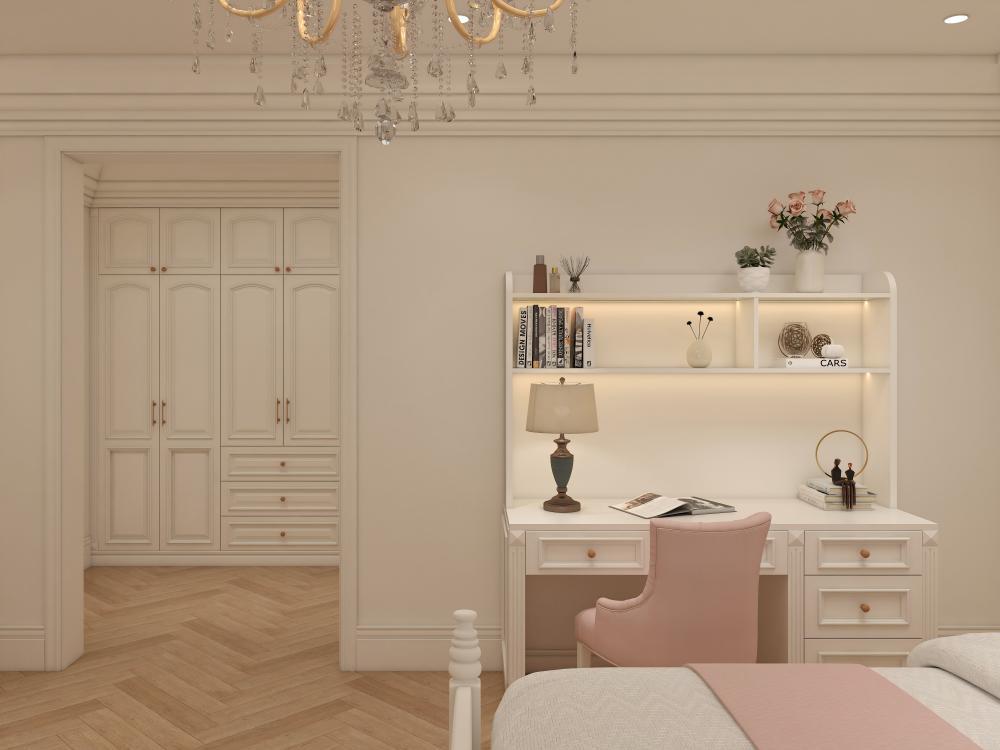European Classic Solid Wood Walk in Closet Carved Molding Door Wardrobe Bedroom Organizer with Dressing Table and Mirror