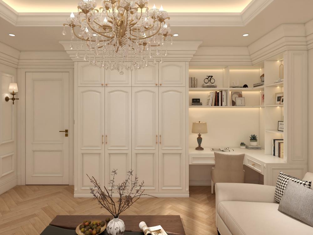 Custom French Style Walk in Closet Creamy White Bedroom Cabinet With Exquisite Carve Doors