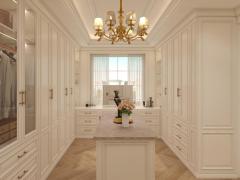 British Neo Classical White Walk in Closet Luxury Solid Wood Wardrobe with Island Dressing Room Cabinet