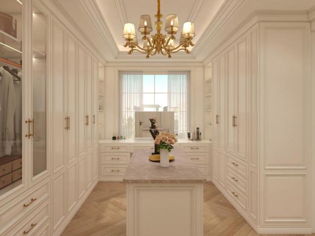 British Neo Classical White Walk in Closet Luxury Solid Wood Wardrobe with Island Dressing Room Cabinet