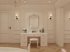 European Classic Solid Wood Walk in Closet Carved Molding Door Wardrobe Bedroom Organizer with Dressing Table and Mirror