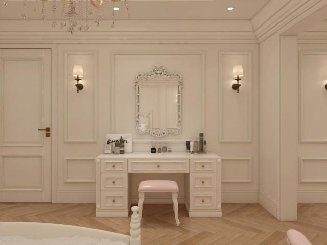European Classic Solid Wood Walk in Closet Carved Molding Door Wardrobe Bedroom Organizer with Dressing Table and Mirror