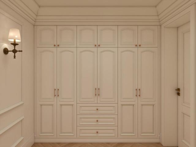 European Classic Solid Wood Walk in Closet Carved Molding Door Wardrobe Bedroom Organizer with Dressing Table and Mirror