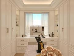 British Neo Classical White Walk in Closet Luxury Solid Wood Wardrobe with Island Dressing Room Cabinet