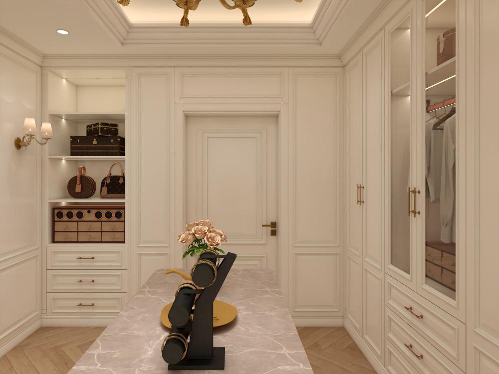 British Neo Classical White Walk in Closet Luxury Solid Wood Wardrobe with Island Dressing Room Cabinet