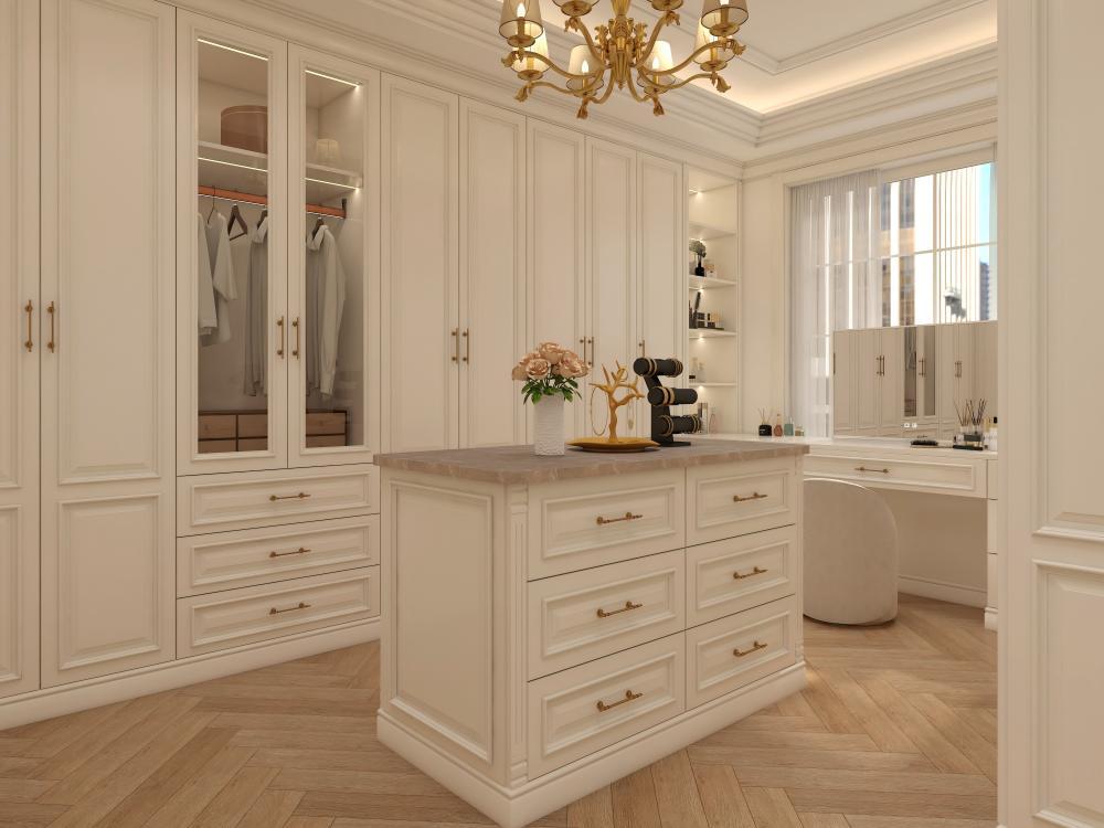 British Neo Classical White Walk in Closet Luxury Solid Wood Wardrobe with Island Dressing Room Cabinet
