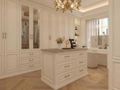 British Neo Classical White Walk in Closet Luxury Solid Wood Wardrobe with Island Dressing Room Cabinet