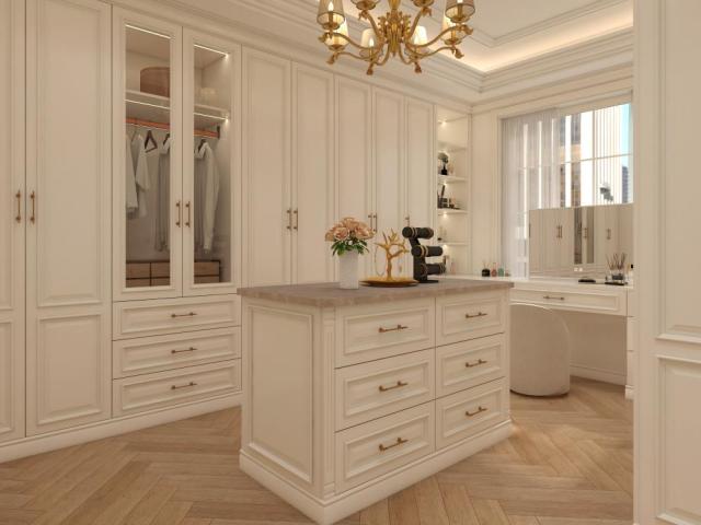British Neo Classical White Walk in Closet Luxury Solid Wood Wardrobe with Island Dressing Room Cabinet