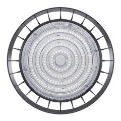 Close-up of a UFO LED High Bay Light fixture showcasing its die-cast aluminum design and optical lens