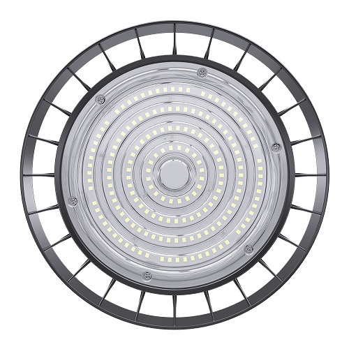 Close-up of a UFO LED High Bay Light fixture showcasing its die-cast aluminum design and optical lens