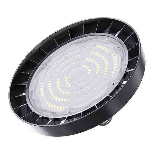 200W UFO LED High Bay Light installed in a warehouse, demonstrating bright and uniform lighting coverage
