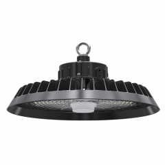 Crossover Series UFO Highbay Light displayed in a warehouse setting, illustrating its effectiveness for high-ceiling installations.
