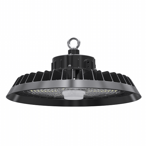 Crossover Series UFO Highbay Light displayed in a warehouse setting, illustrating its effectiveness for high-ceiling installations.