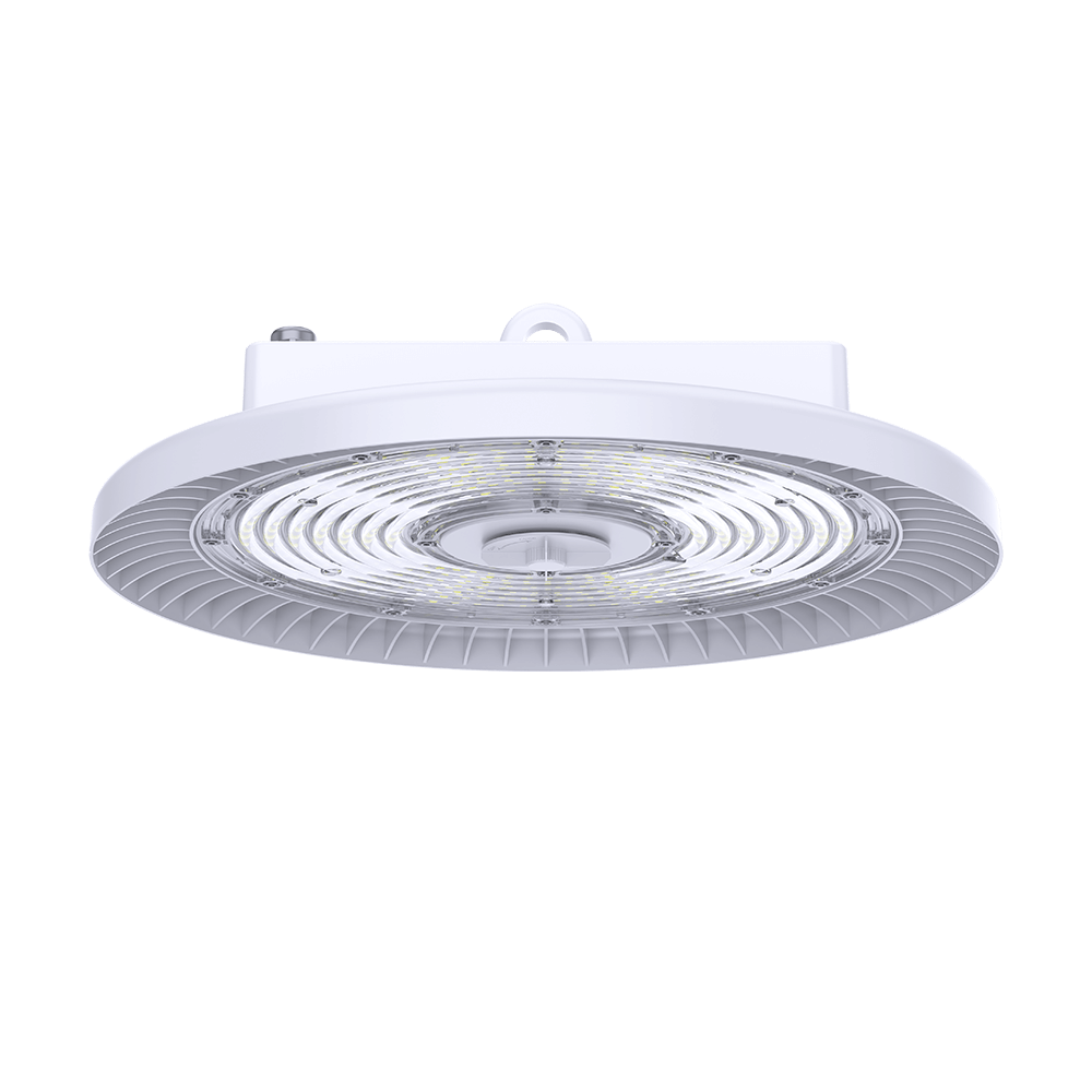 Astronaut Series White UFO High Bay LED Light illuminating a large warehouse space with bright, even lighting