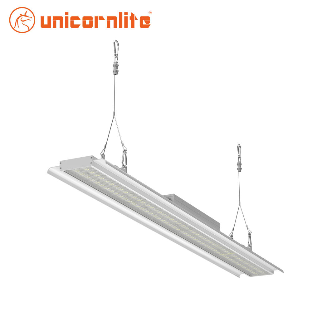 Galaxy G2 Linear LED High Bay Lights installed in a spacious warehouse, providing bright and uniform lighting for enhanced visibility and safety.