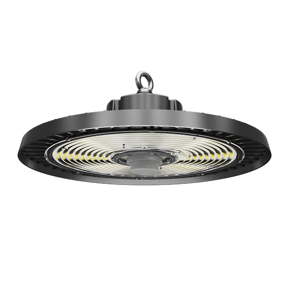Full view of the Eternity Series UFO highbay light in use, illuminating a large industrial workspace with optimal brightness