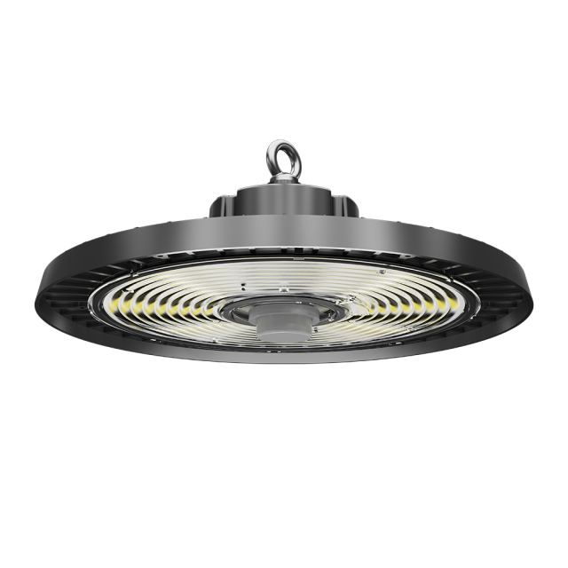 Full view of the Eternity Series UFO highbay light in use, illuminating a large industrial workspace with optimal brightness