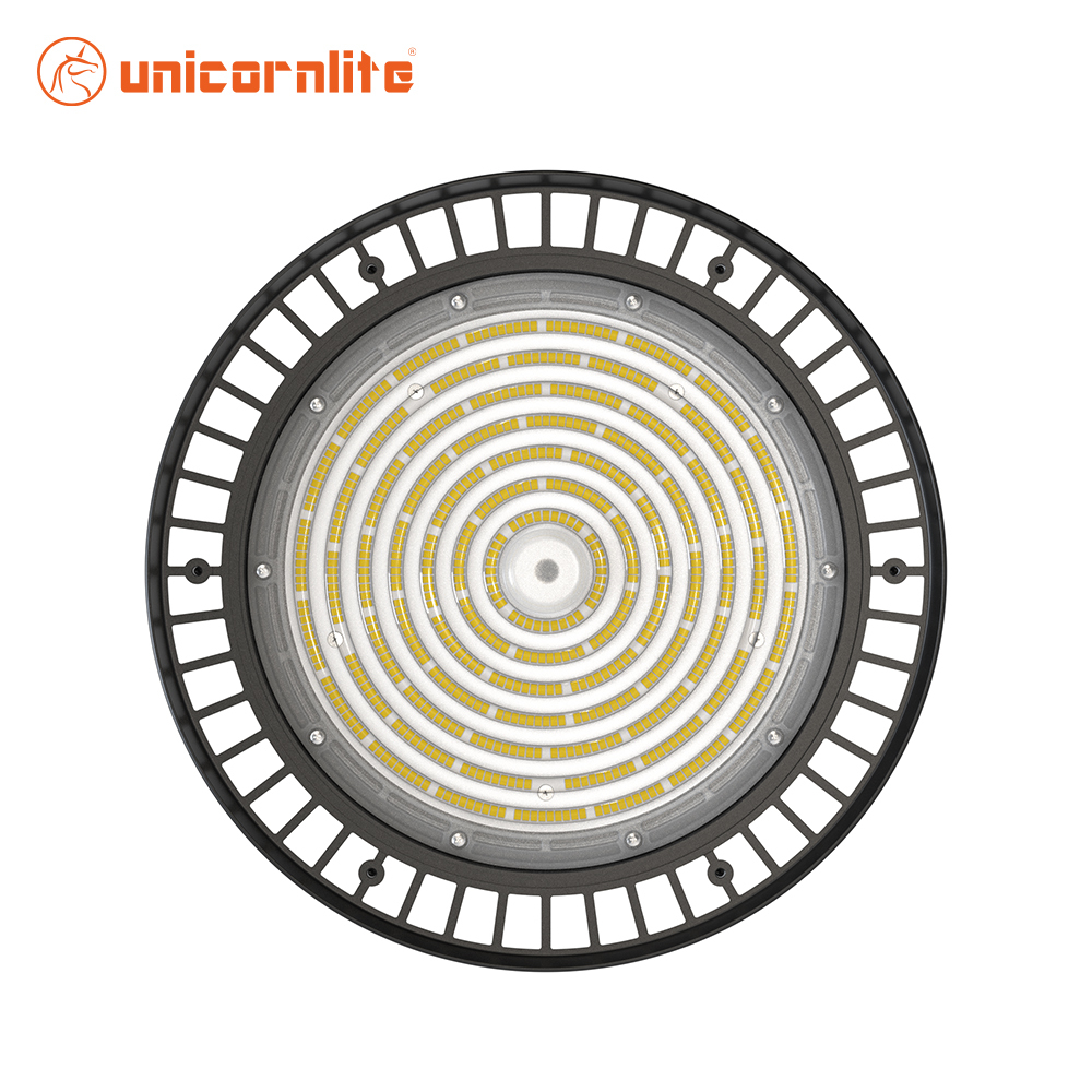 Close-up view of the Fairyland 500W highbay light showcasing its robust construction and modern UFO design