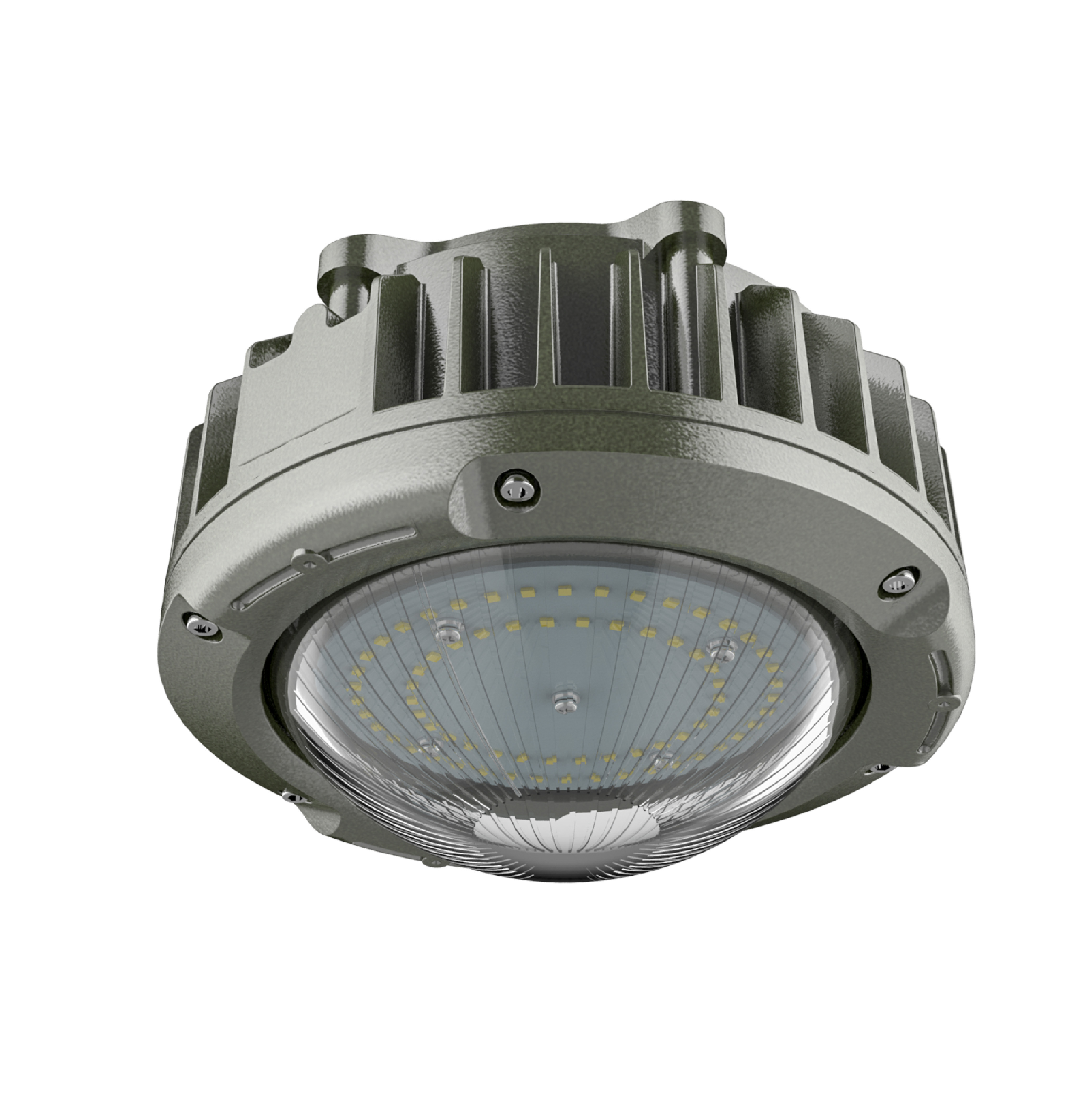 Close-up view of the Mega Pro highbay, showcasing its robust construction and safety features.