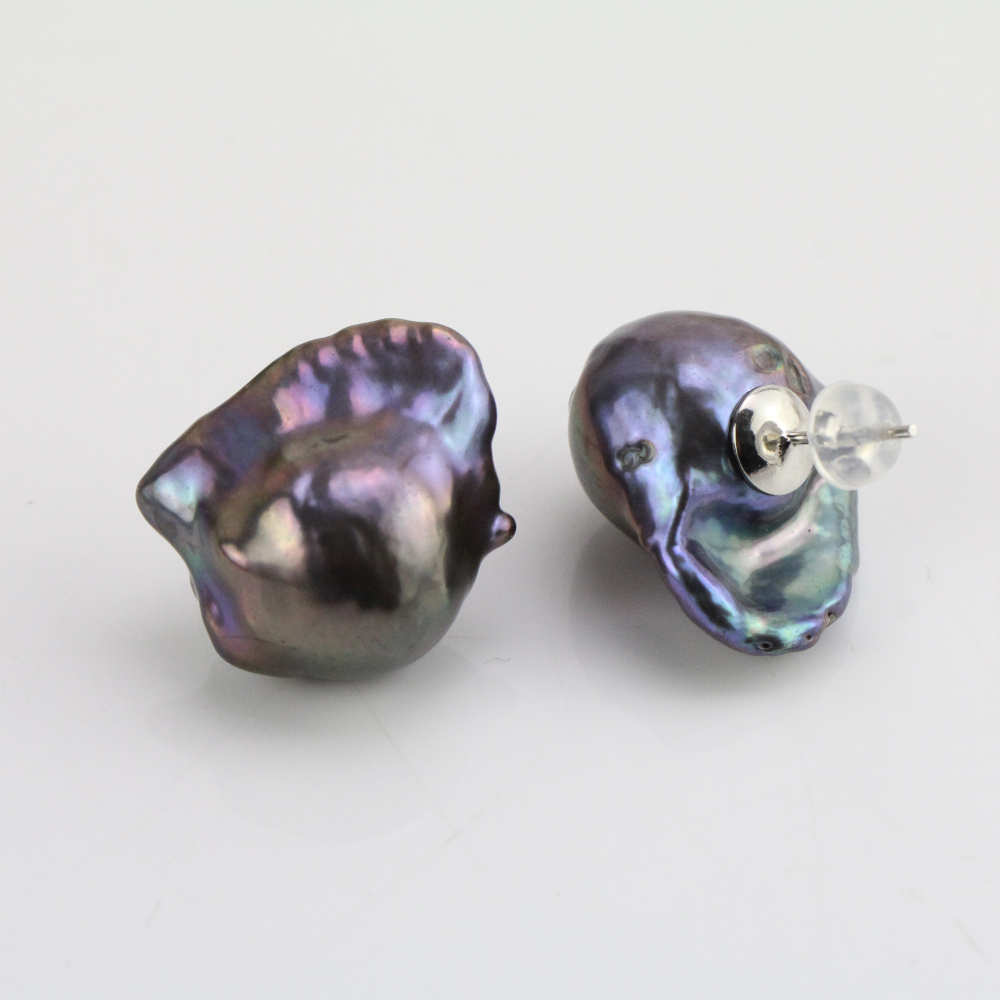 15-17mm Large Black Color Freshwater Baroque Pearl Earrings Stud