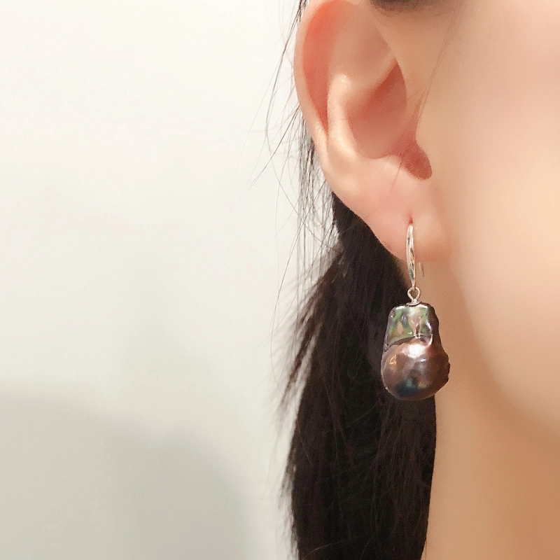 Black and Gray Mismatched Large Baroque Pearl Earrings