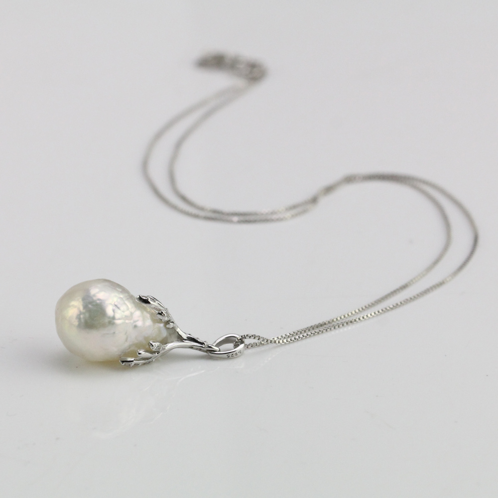 11-12mm White Large Baroque Pearl Flower Pendant sterling silver