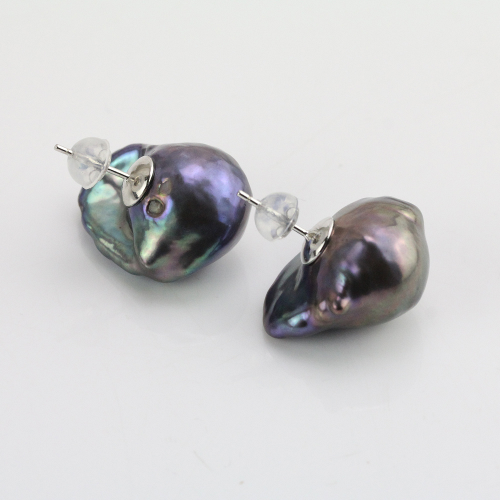15-17mm Large Black Color Freshwater Baroque Pearl Earrings Stud