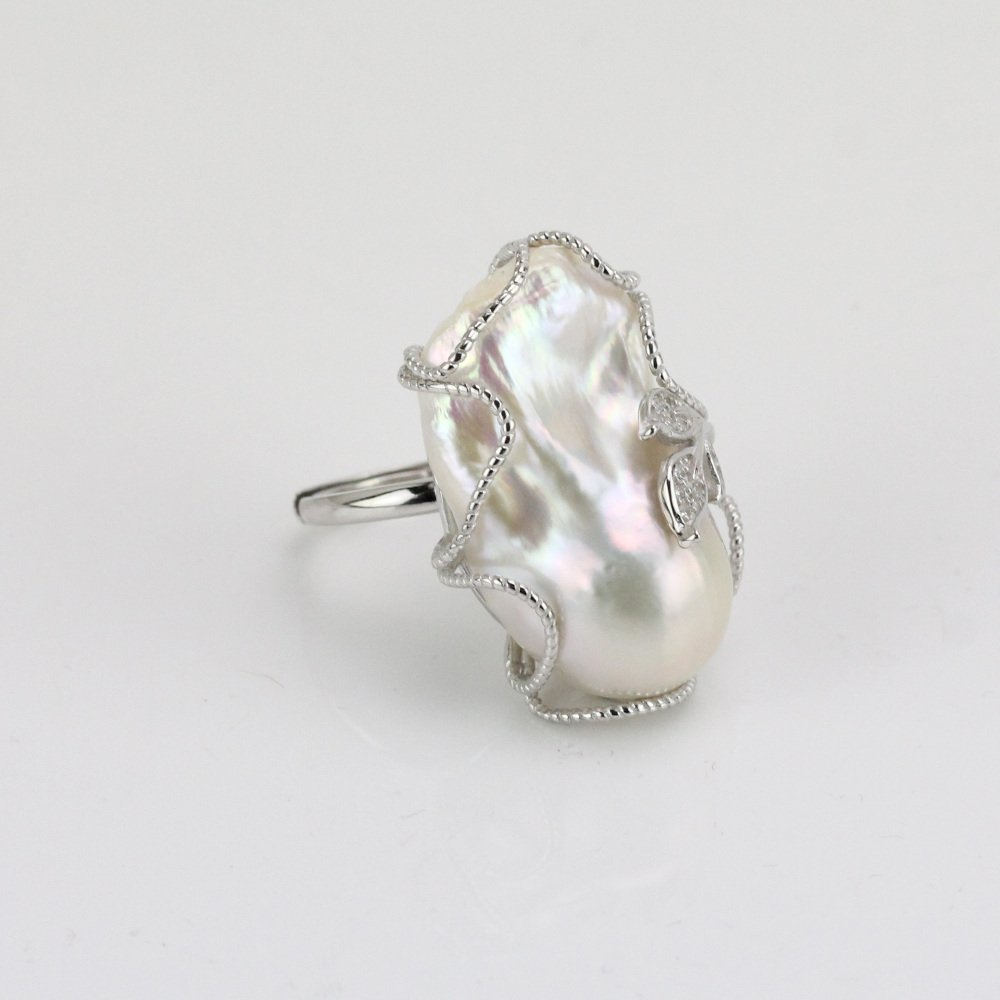 White Color Large Baroque Pearl Ring Sterling Silver