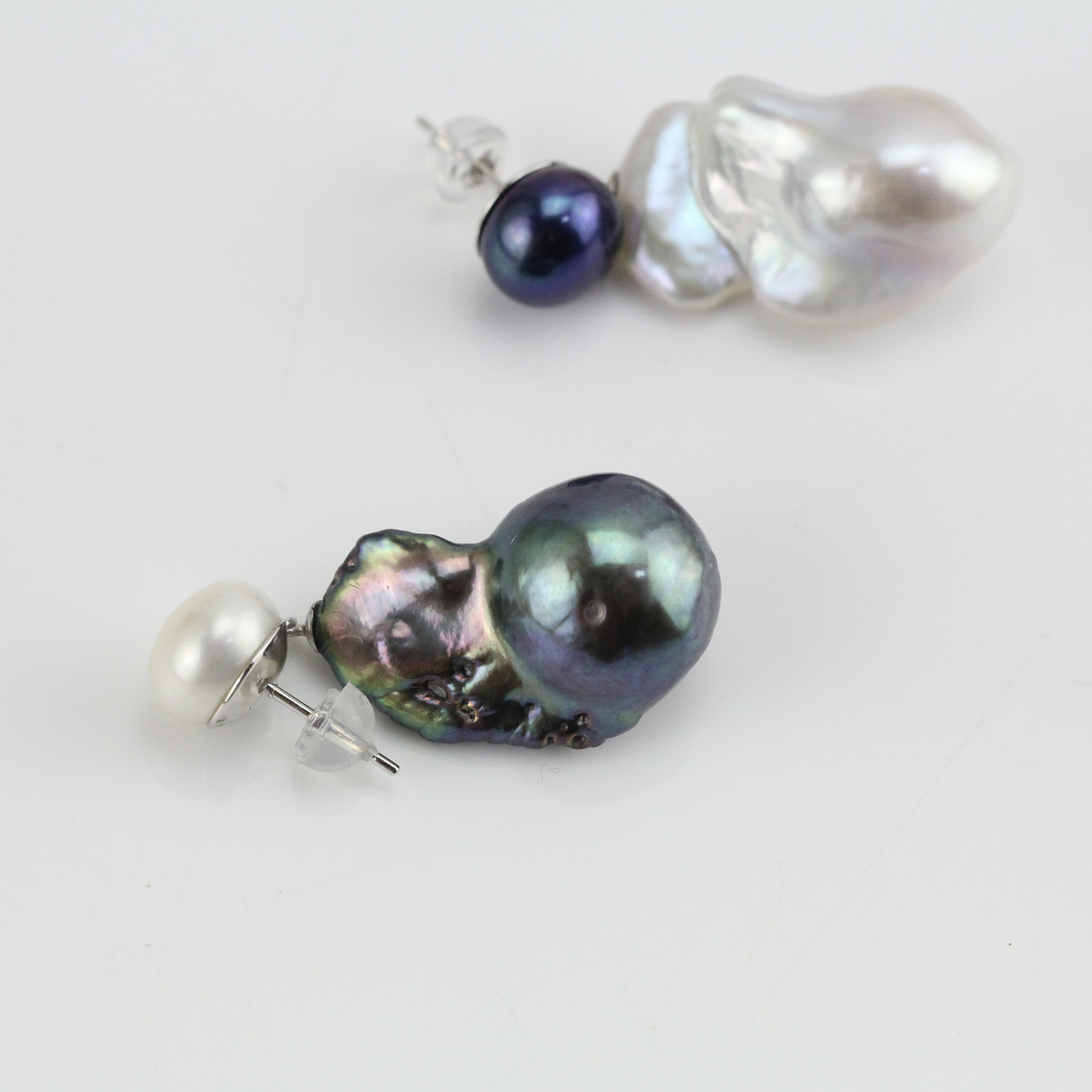 Black and White Mismatched Freshwater Large Baroque Pearl Earrings