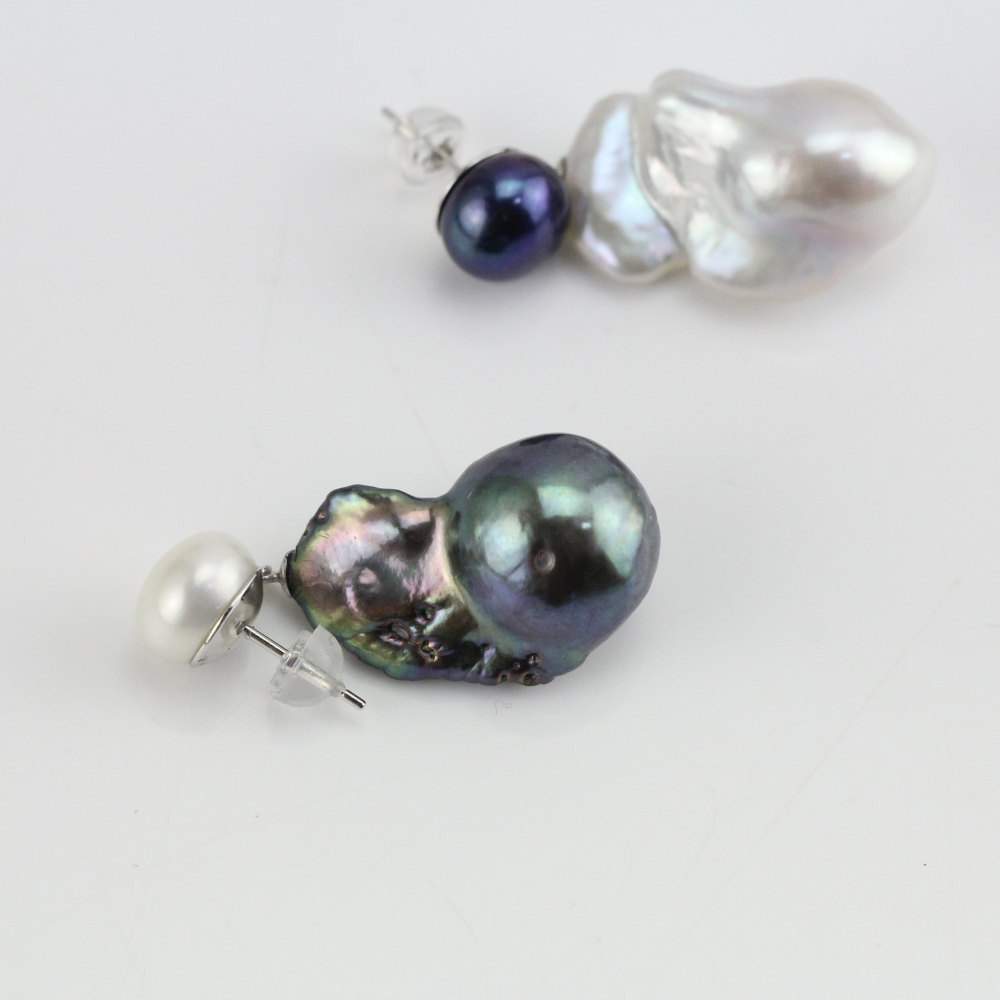 Black and White Mismatched Freshwater Large Baroque Pearl Earrings