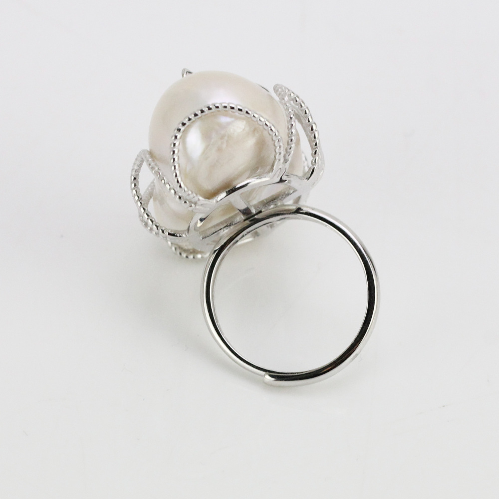 White Color Large Baroque Pearl Ring Sterling Silver