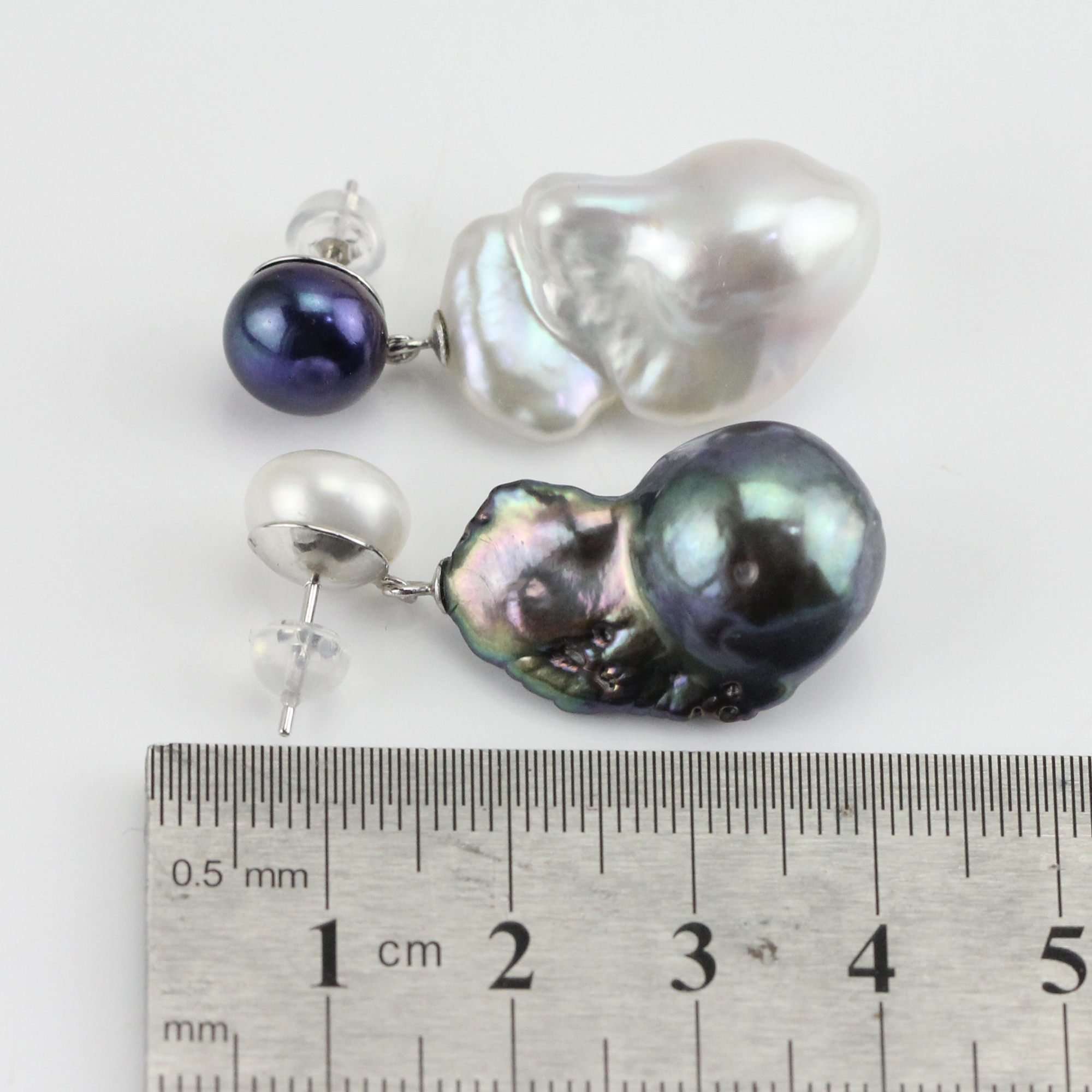 Black and White Mismatched Freshwater Large Baroque Pearl Earrings
