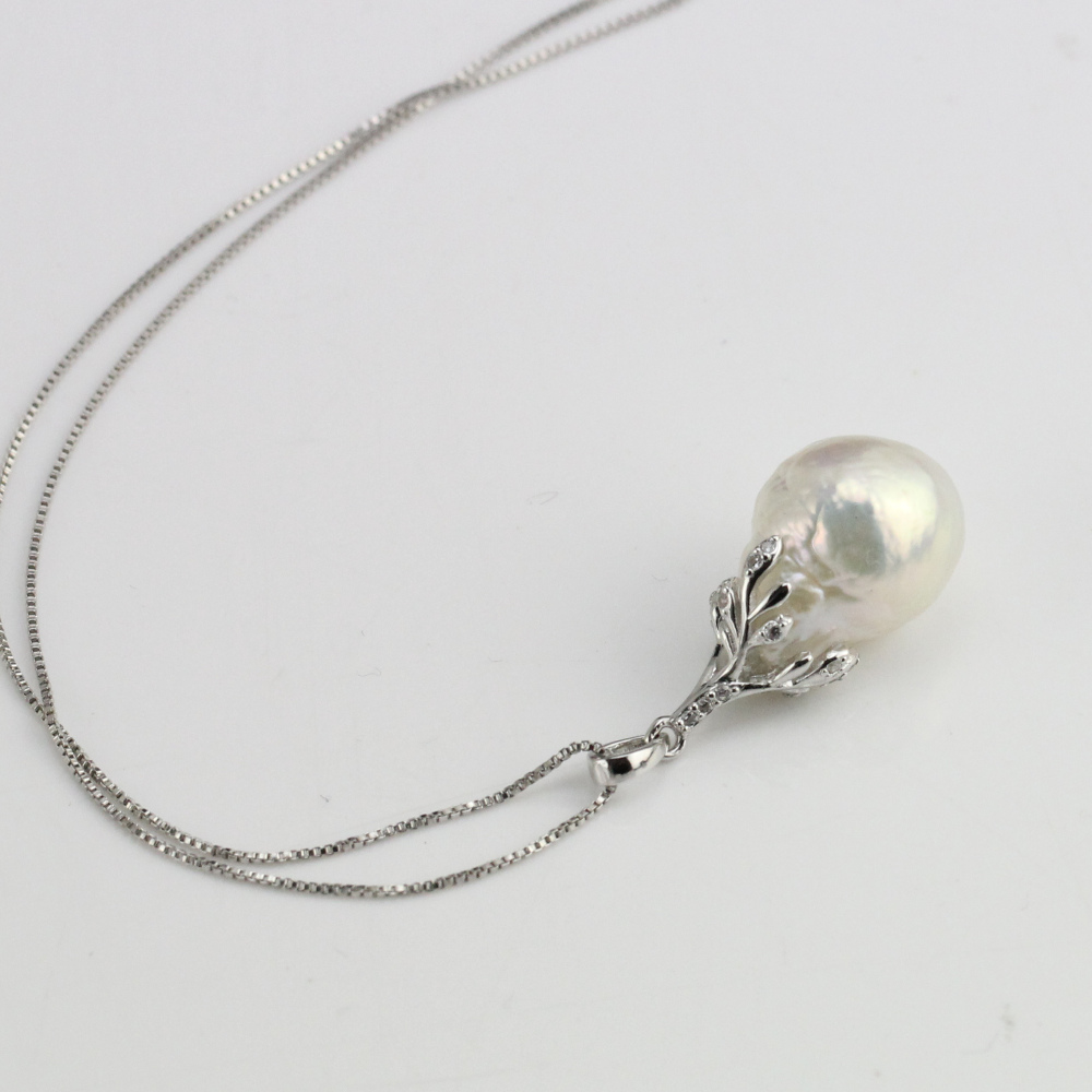 11-12mm White Large Baroque Pearl Flower Pendant sterling silver