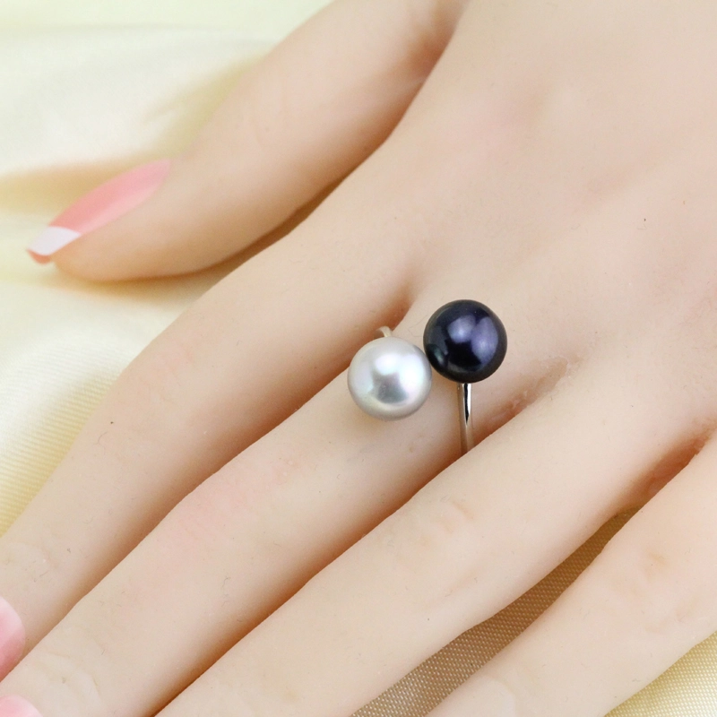 Black and White Mismatched Color Double Pearl Ring Sterling Silver