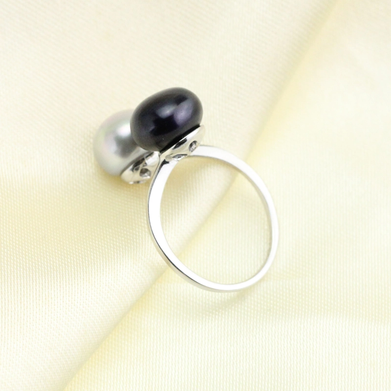 Black and White Mismatched Color Double Pearl Ring Sterling Silver